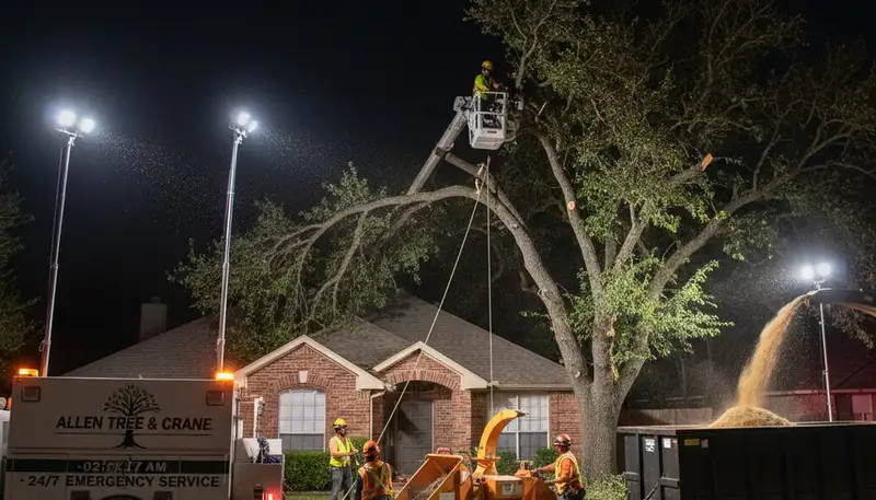 24/7 emergency tree removal service crew responding to storm damage in Allen, TX