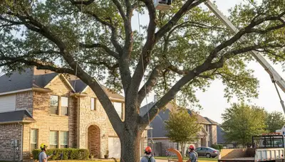 Professional crew performing safe tree removal with crane and gear at a residential property in Allen, TX