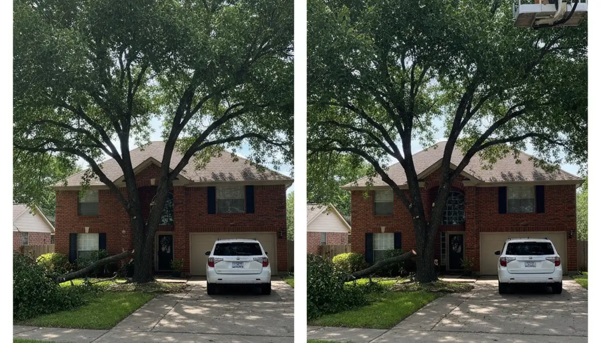 Arborist performing canopy lift and branch trimming on residential tree in Allen, TX driveway area