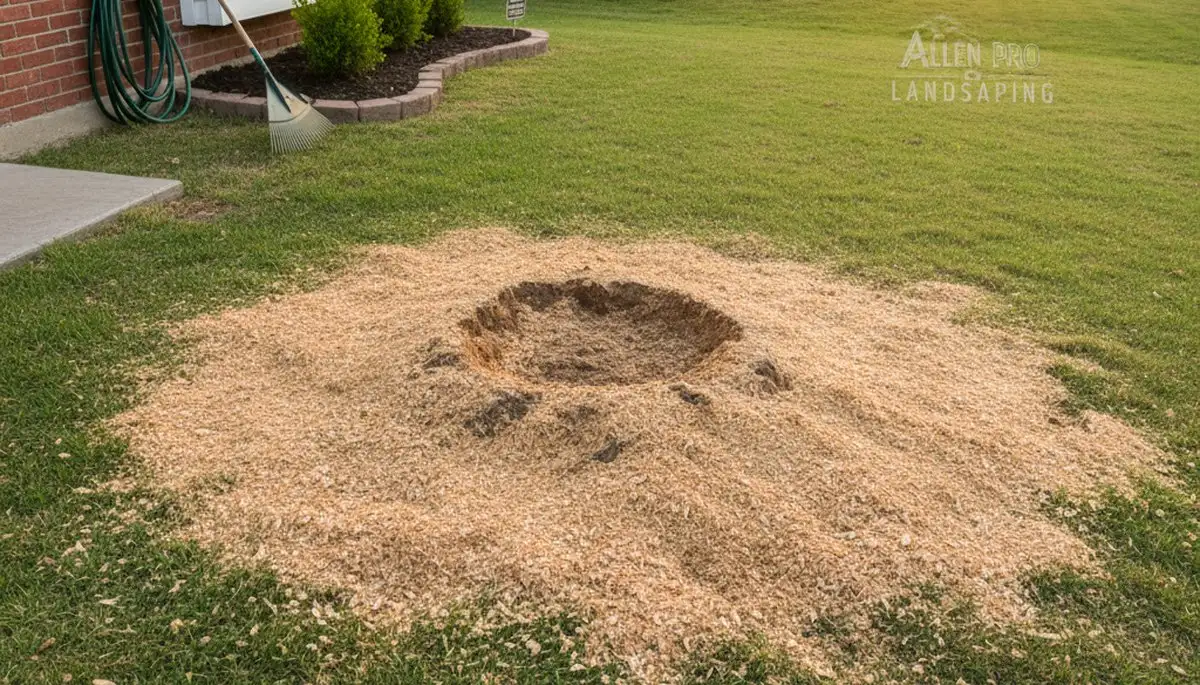 Finished stump grinding and lawn restoration by tree removal experts in Allen, TX