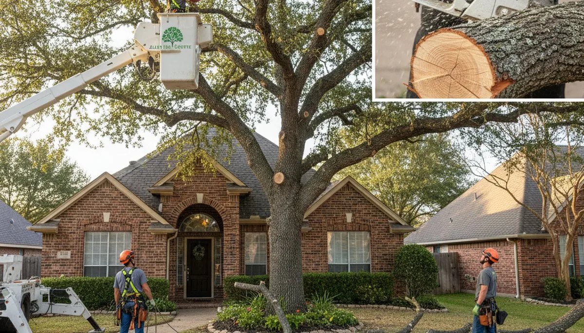 Arborist removing dead branches from mature tree in Allen, TX with professional safety gear