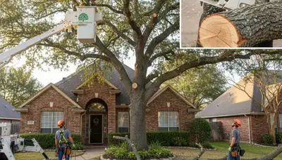 Arborist removing dead branches from mature tree in Allen, TX with professional safety gear