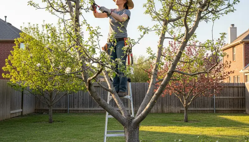 Arborist pruning backyard fruit tree for better harvest in Allen, TX | Chop Chop Tree service