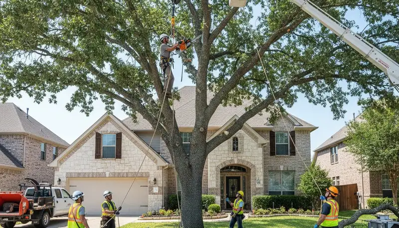 Arborists performing large tree removal with bucket truck at residential property in Allen, TX