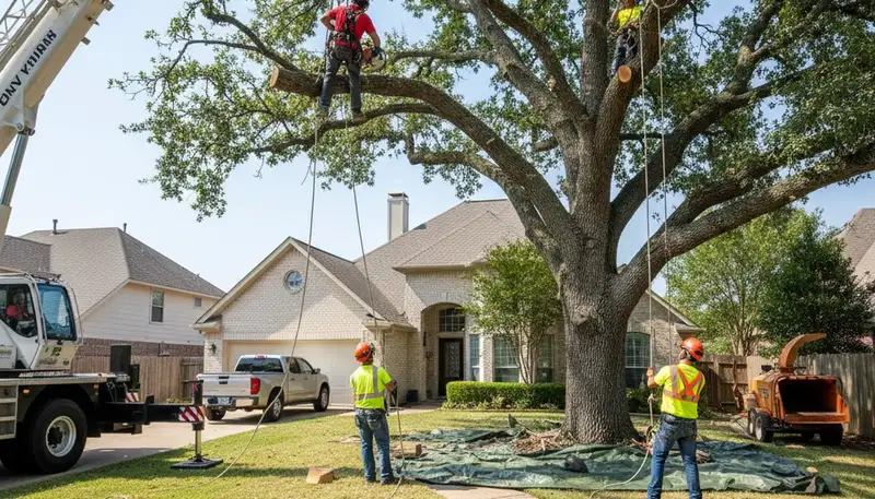 Arborists use bucket truck for large tree removal at residential property in Allen, TX