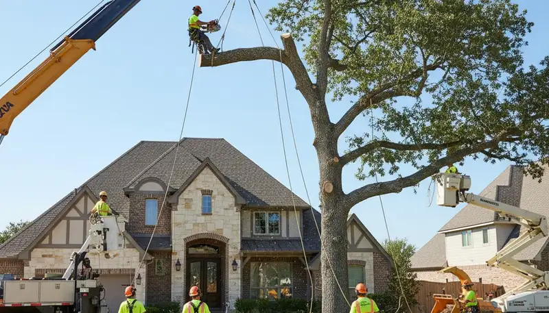 Professional arborists performing large tree removal with bucket truck in Prosper, TX near Allen homes