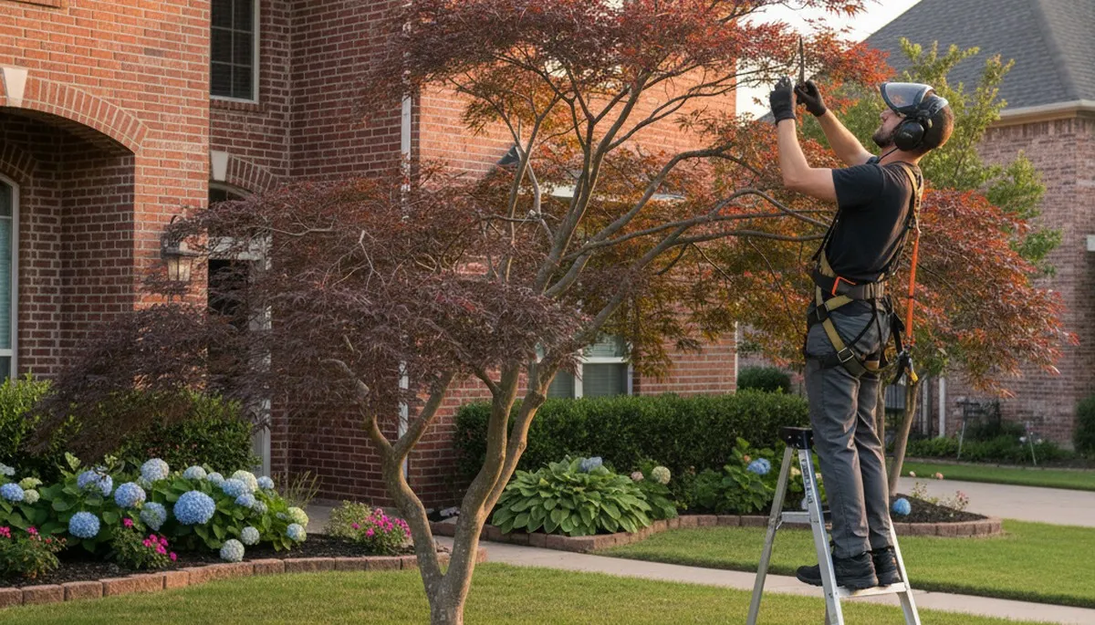 Arborist hand pruning ornamental Japanese maple for curb appeal in Allen, TX landscape