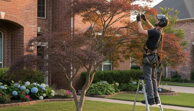Arborist hand pruning ornamental Japanese maple for curb appeal in Allen, TX landscape