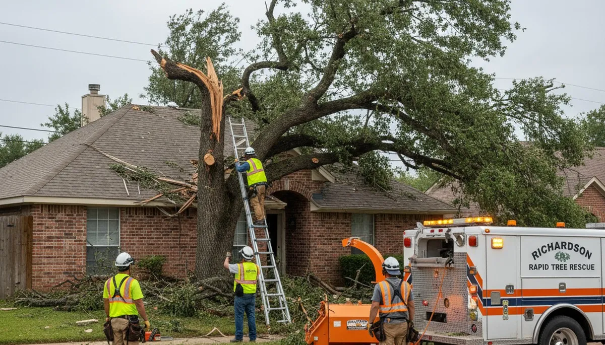 Emergency tree removal crew clearing storm-damaged trees in Richardson, TX near Allen after severe weather