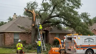 Emergency tree removal crew clearing storm-damaged trees in Richardson, TX near Allen after severe weather