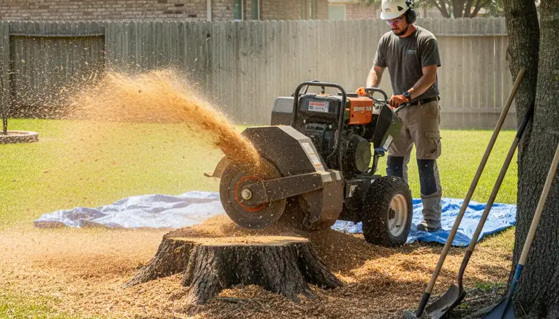 Professional stump grinding service removing tree stumps in Allen, TX for clean, pest-free yards