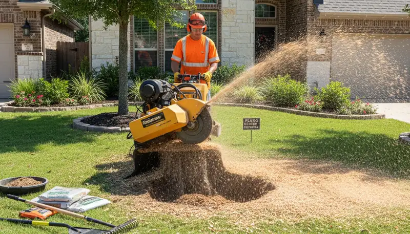 Professional stump grinding removing old tree stumps in Allen, TX yard for lawn restoration and pest prevention