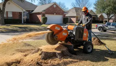 Professional stump grinding service removing tree stump in Allen, TX for lawn restoration and landscaping