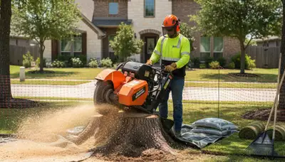 Professional stump grinding service removing tree stumps in The Colony, TX near Allen tree experts