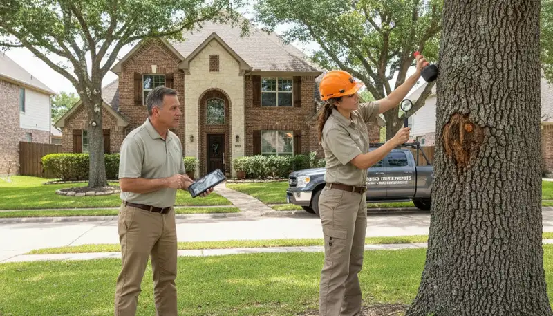 Certified arborist performing tree health assessment for local homeowners in Allen, TX