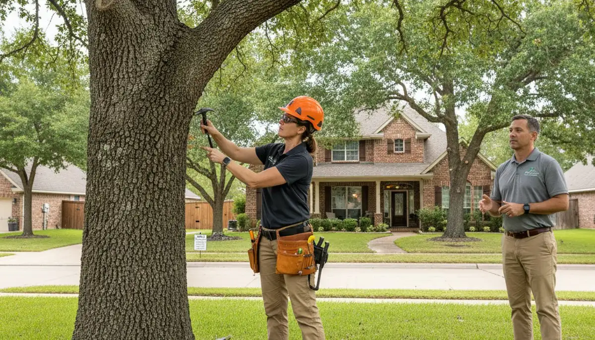 Certified arborist performing tree health assessment for homeowners in Allen, TX