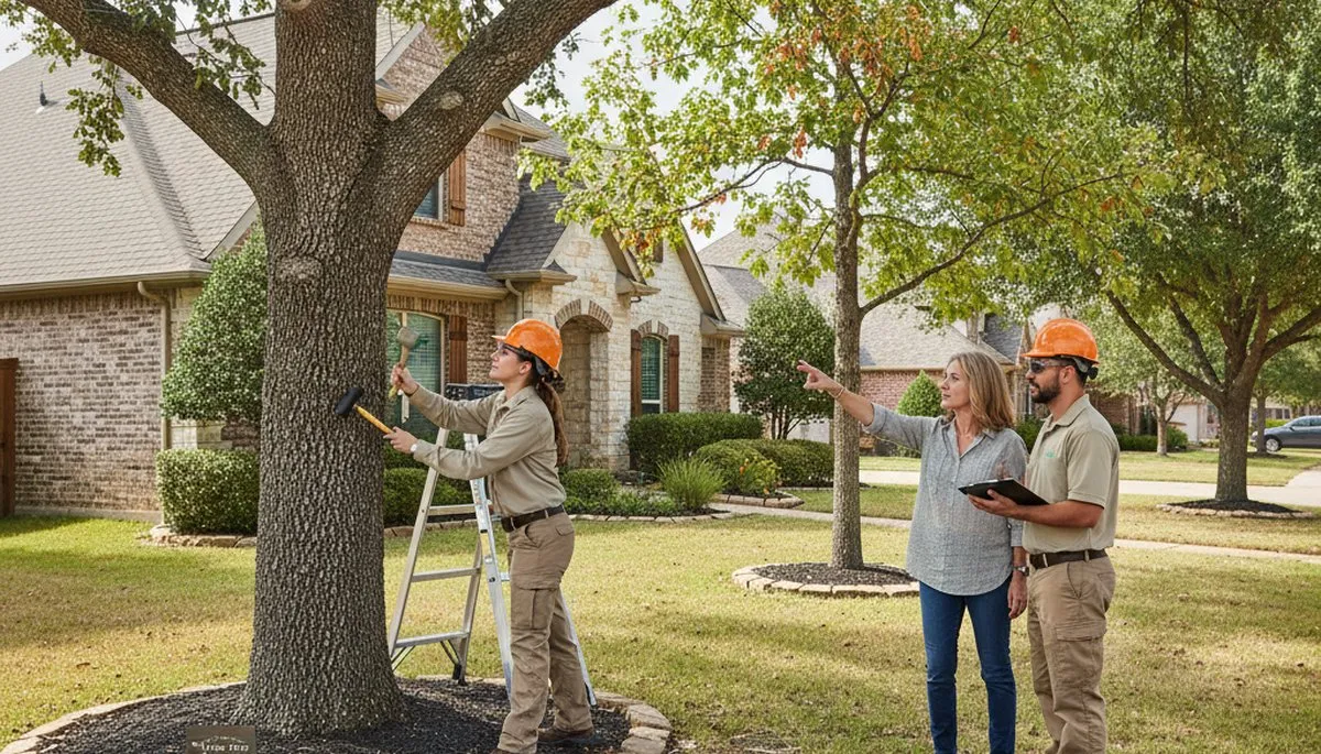 Certified arborist performing tree health assessment for homeowners in Allen, TX