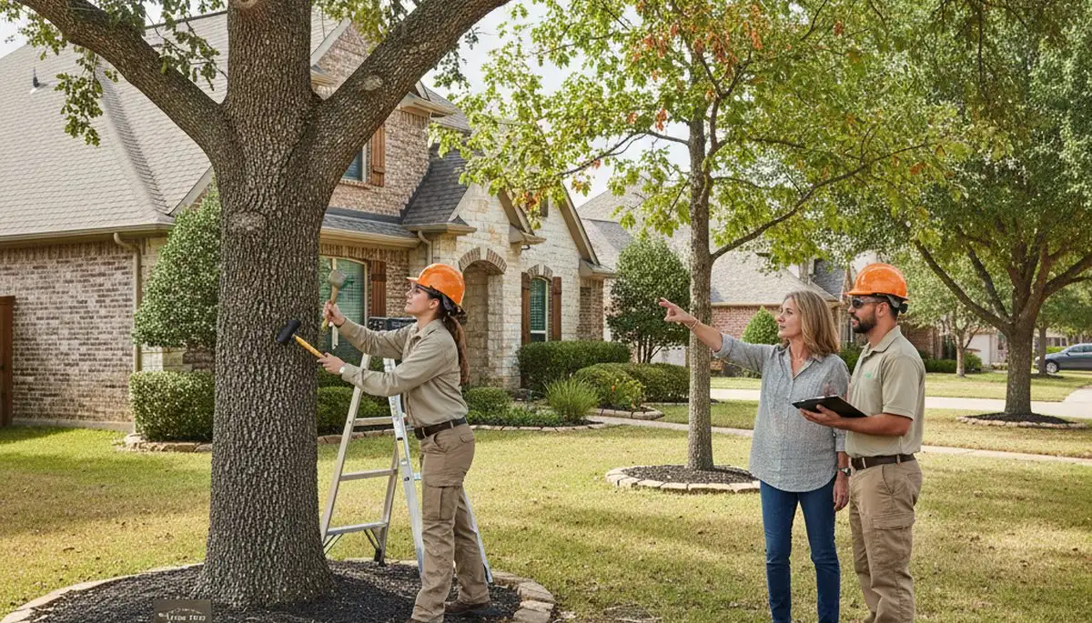 Certified arborist performing tree health assessment for homeowners in Allen, TX