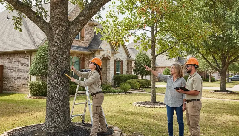 Certified arborist performing tree health assessment for homeowners in Allen, TX