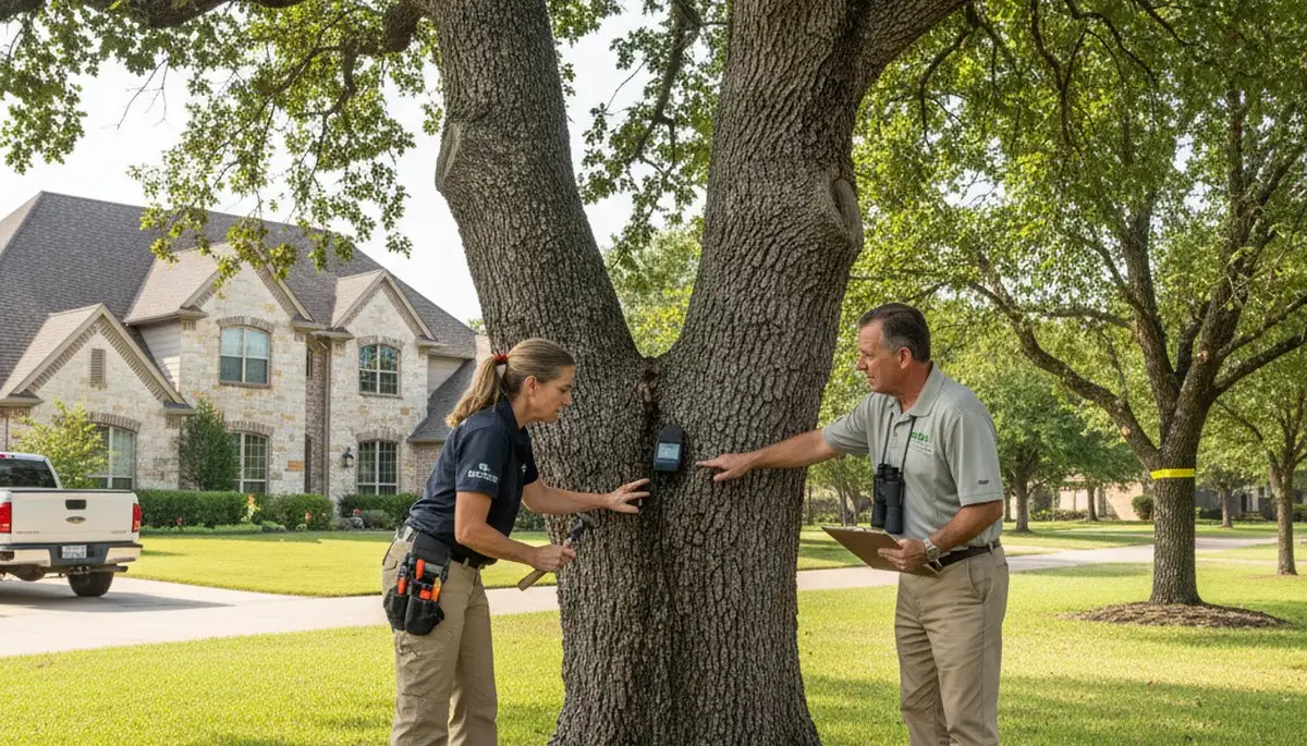 Certified arborist performing tree health assessment for homeowners in Prosper, TX near Allen tree service.