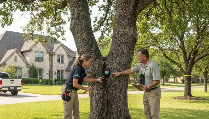 Certified arborist performing tree health assessment for homeowners in Prosper, TX near Allen tree service.