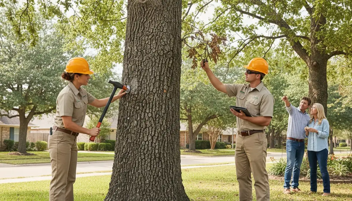 Certified arborist performing tree health assessment for homeowners in Richardson, TX