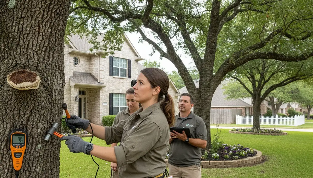 Certified arborist conducting tree health assessment for homeowners in The Colony, TX