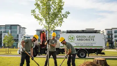 Arborist planting young oak tree in Allen, TX for Chop Chop Tree landscape restoration service