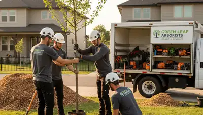 Arborist planting young tree in Allen, TX for residential landscape by Chop Chop Tree experts
