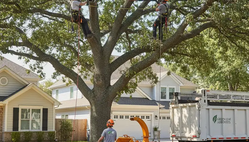 Arborist pruning oak tree branches in Allen, TX for Chop Chop Tree professional tree care services