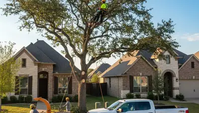 Professional tree removal crew cutting oak tree in residential yard, Allen TX