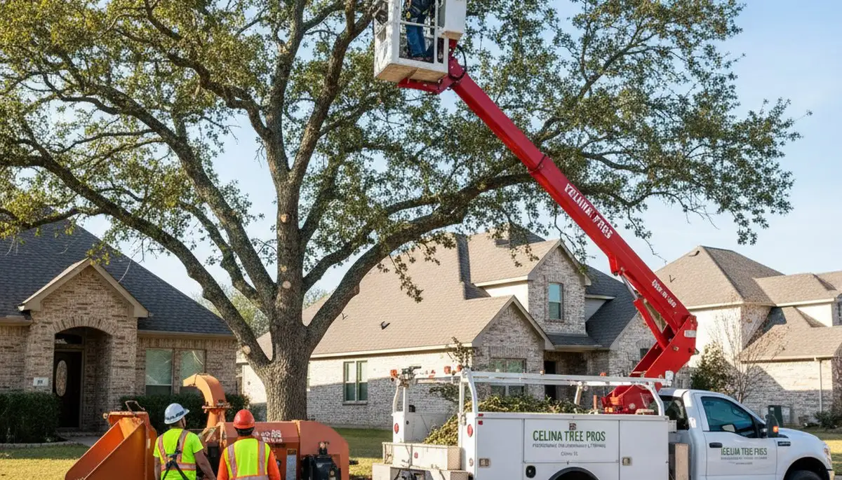 Professional tree removal service team working safely in residential yard in Allen, TX