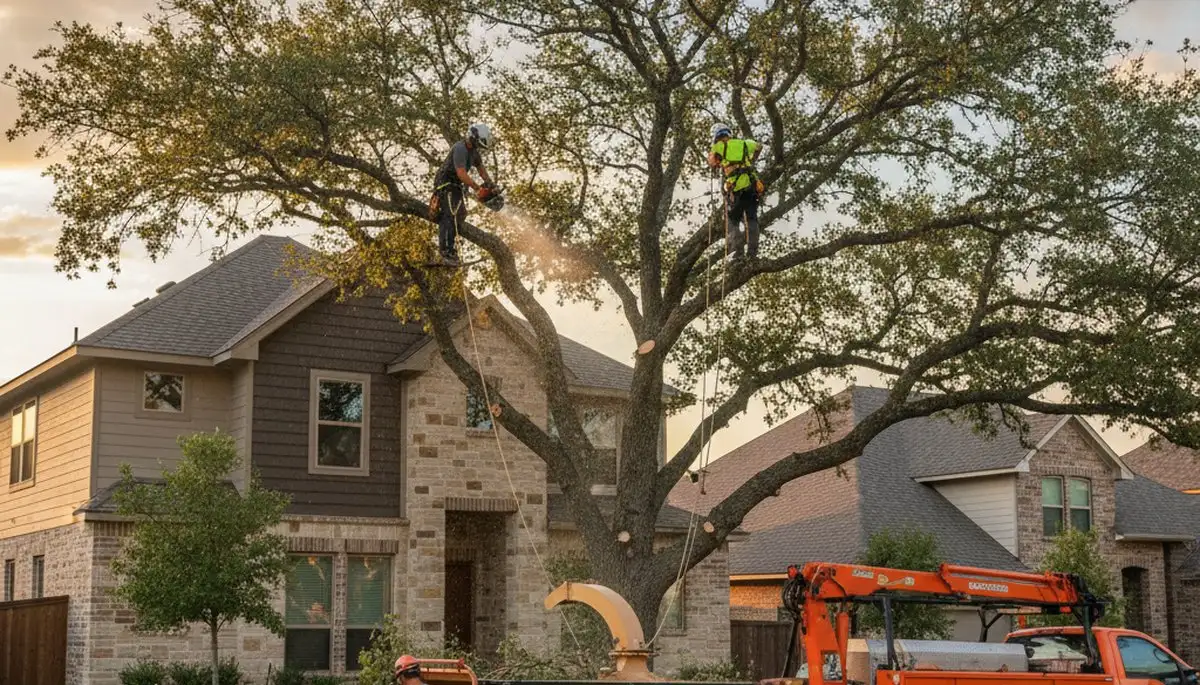 Professional tree removal service truck and crew working safely in Allen, TX