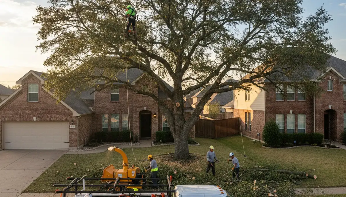 Professional tree removal service in Allen, TX safely clearing large oak trees from residential property